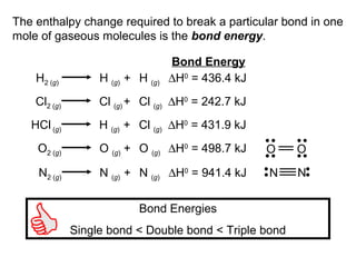 The enthalpy change required to break a particular bond in one
mole of gaseous molecules is the bond energy.
H2 (g) H (g) + H (g) ∆H0
= 436.4 kJ
Cl2 (g) Cl (g) + Cl (g) ∆H0
= 242.7 kJ
HCl (g) H (g) + Cl (g) ∆H0
= 431.9 kJ
O2 (g) O (g) + O (g) ∆H0
= 498.7 kJ O O
N2 (g) N (g) + N (g) ∆H0
= 941.4 kJ N N
Bond Energy
Bond Energies
Single bond < Double bond < Triple bond
 