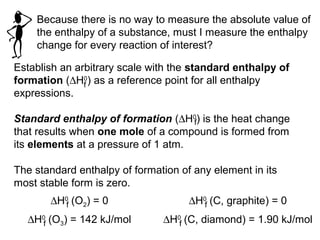 Because there is no way to measure the absolute value of
the enthalpy of a substance, must I measure the enthalpy
change for every reaction of interest?
Establish an arbitrary scale with the standard enthalpy of
formation (∆H0
) as a reference point for all enthalpy
expressions.
f
Standard enthalpy of formation (∆H0
) is the heat change
that results when one mole of a compound is formed from
its elements at a pressure of 1 atm.
f
The standard enthalpy of formation of any element in its
most stable form is zero.
∆H0
(O2) = 0f
∆H0
(O3) = 142 kJ/molf
∆H0
(C, graphite) = 0f
∆H0
(C, diamond) = 1.90 kJ/molf
 