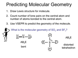 Predicting Molecular Geometry
1. Draw Lewis structure for molecule.
2. Count number of lone pairs on the central atom and
number of atoms bonded to the central atom.
3. Use VSEPR to predict the geometry of the molecule.
What is the molecular geometry of SO2 and SF4?
SO O
AB2E
bent
S
F
F
F F
AB4E
distorted
tetrahedron
 