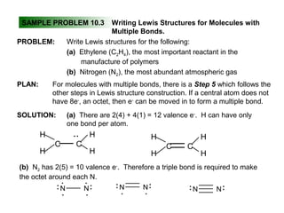 SAMPLE PROBLEM 10.3 Writing Lewis Structures for Molecules with
Multiple Bonds.
PLAN:
SOLUTION:
PROBLEM: Write Lewis structures for the following:
(a) Ethylene (C2H4), the most important reactant in the
manufacture of polymers
(b) Nitrogen (N2), the most abundant atmospheric gas
For molecules with multiple bonds, there is a Step 5 which follows the
other steps in Lewis structure construction. If a central atom does not
have 8e-
, an octet, then e-
can be moved in to form a multiple bond.
(a) There are 2(4) + 4(1) = 12 valence e-
. H can have only
one bond per atom.
CC
H
H H
H
:
CC
H
H H
H
(b) N2 has 2(5) = 10 valence e-
. Therefore a triple bond is required to make
the octet around each N.
N
:
N
:
. .
..
N
:
N
:
. . N
:
N
:
 