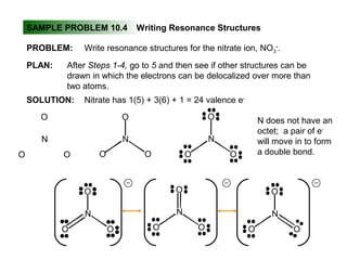 SAMPLE PROBLEM 10.4 Writing Resonance Structures
PLAN:
SOLUTION:
PROBLEM: Write resonance structures for the nitrate ion, NO3
-
.
After Steps 1-4, go to 5 and then see if other structures can be
drawn in which the electrons can be delocalized over more than
two atoms.
Nitrate has 1(5) + 3(6) + 1 = 24 valence e-
N
O
O O
N
O
O O
N
O
O O
N does not have an
octet; a pair of e-
will move in to form
a double bond.
N
O
O O
N
O
O O
N
O
O O
 