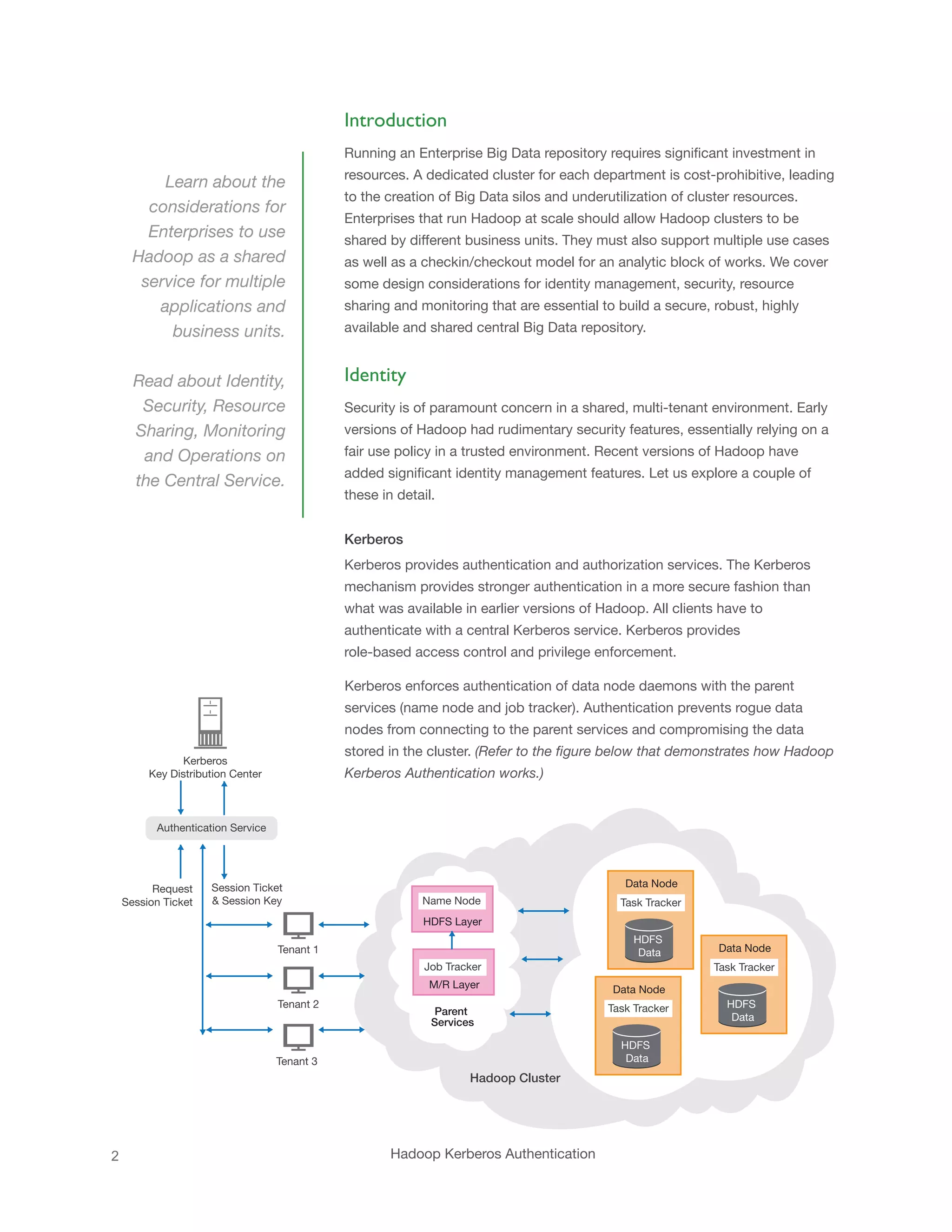 Introduction
Running an Enterprise Big Data repository requires significant investment in

Learn about the
considerations for
Enterprises to use
Hadoop as a shared
service for multiple
applications and
business units.
Read about Identity,
Security, Resource
Sharing, Monitoring
and Operations on
the Central Service.

resources. A dedicated cluster for each department is cost-prohibitive, leading
to the creation of Big Data silos and underutilization of cluster resources.
Enterprises that run Hadoop at scale should allow Hadoop clusters to be
shared by different business units. They must also support multiple use cases
as well as a checkin/checkout model for an analytic block of works. We cover
some design considerations for identity management, security, resource
sharing and monitoring that are essential to build a secure, robust, highly
available and shared central Big Data repository.

Identity
Security is of paramount concern in a shared, multi-tenant environment. Early
versions of Hadoop had rudimentary security features, essentially relying on a
fair use policy in a trusted environment. Recent versions of Hadoop have
added significant identity management features. Let us explore a couple of
these in detail.
Kerberos
Kerberos provides authentication and authorization services. The Kerberos
mechanism provides stronger authentication in a more secure fashion than
what was available in earlier versions of Hadoop. All clients have to
authenticate with a central Kerberos service. Kerberos provides
role-based access control and privilege enforcement.
Kerberos enforces authentication of data node daemons with the parent
services (name node and job tracker). Authentication prevents rogue data
nodes from connecting to the parent services and compromising the data
stored in the cluster. (Refer to the figure below that demonstrates how Hadoop

Kerberos
Key Distribution Center

Kerberos Authentication works.)

Authentication Service

Request
Session Ticket

Session Ticket
& Session Key

Data Node
Name Node

Task Tracker

HDFS Layer
HDFS
Data

Tenant 1
Job Tracker

Task Tracker

M/R Layer
Tenant 2

Data Node

Parent
Services

Task Tracker
HDFS
Data

Tenant 3

Hadoop Cluster

2

Data Node

Hadoop Kerberos Authentication

HDFS
Data

 