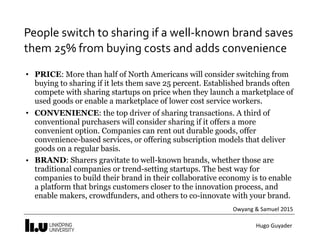 Hugo	Guyader
People	switch	to	sharing	if	a	well-known	brand	saves	
them	25%	from	buying	costs	and	adds	convenience
• PRICE: More than half of North Americans will consider switching from
buying to sharing if it lets them save 25 percent. Established brands often
compete with sharing startups on price when they launch a marketplace of
used goods or enable a marketplace of lower cost service workers.
• CONVENIENCE: the top driver of sharing transactions. A third of
conventional purchasers will consider sharing if it offers a more
convenient option. Companies can rent out durable goods, offer
convenience-based services, or offering subscription models that deliver
goods on a regular basis.
• BRAND: Sharers gravitate to well-known brands, whether those are
traditional companies or trend-setting startups. The best way for
companies to build their brand in their collaborative economy is to enable
a platform that brings customers closer to the innovation process, and
enable makers, crowdfunders, and others to co-innovate with your brand.
Owyang	&	Samuel	2015
 