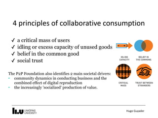 Hugo	Guyader
✓ a critical mass of users
✓ idling or excess capacity of unused goods
✓ belief in the common good
✓ social trust
The P2P Foundation also identifies 2 main societal drivers:
• community dynamics in conducting business and the
combined effect of digital reproduction
• the increasingly 'socialized' production of value.
4	principles	of	collaborative	consumption
 