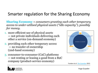 Hugo	Guyader
Smarter	regulation	for	the	Sharing	Economy
Sharing Economy = consumers granting each other temporary
access to under-utilised physical assets (“idle capacity”), possibly
for money.
Franken	et	al.	The	Guardian	2015
1. more efficient use of physical assets  
— not private individuals delivering each
other a service (on-demand economy)
2. providing each other temporary access 
— no transfer of ownership  
(2nd-hand economy)
3. consumer-to-consumer (C2C) platforms  
— not renting or leasing a good from a B2C
company (product-service economy)
 