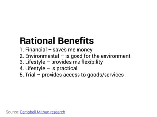Rational Benefits
1. Financial – saves me money
2. Environmental – is good for the environment
3. Lifestyle – provides me flexibility
4. Lifestyle – is practical
5. Trial – provides access to goods/services
Source: Campbell Mithun research
 