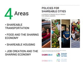 • SHAREABLE
TRANSPORTATION
• FOOD AND THE SHARING
ECONOMY
• SHAREABLE HOUSING
• JOB CREATION AND THE
SHARING ECONOMY
Areas
4
 