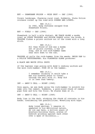 99.



EXT -- SHAWSHANK PRISON -- WIDE SHOT -- DAY (1966)

Virgin landscape. Charming rural road. Suddenly, State Police
cruisers rocket up the road with SIRENS AND LIGHTS.

                    RED (V.O.)
          In 1966, Andy Dufresne escaped from
          Shawshank Prison.

EXT -- FIELD -- DAY (1966)

Shawshank is half a mile distant. WE TRACK ALONG a muddy
creel as STATE TROOPERS and PRISON GUARDS scour the brush. A
TROOPEE fishes a prison uniform out of the creek with a long
stick.

                    RED (V.O.)
          All they found of him was a muddy
          set of prison clothes, a bar of
          soap, and an old rock-hammer damn
          near worn down to the nub.

TROOPER g2 pulls the rock-hammer from the weeds. SWISH PAN to
a POLICE PHOTOGRAPHER. His FLASHBULB GLARE produces:

A BLACK AND WHITE STILL PHOTO

of the hapless cops posing with Andy's reeking uniform and
the worn rock-hammer. PUSH IN on the hammer.

                    RED (V.O.)
          I remember thinking it would take a
          man six hundred years to tunnel
          through the wall with it. Andy did
          it in less than twenty.

INT -- ANDY'S CELL -- NIGHT (1949)

Once again, we see Andy using the rock-hammer to scratch his
name into the cement. Suddenly, a palm-sized chunk of cement
pops free and hits the floor. He stares down at it.

INT -- ANDY'S CELL -- NIGHT (1949)

Andy lies in the dark, studying the chunk of concrete in his
hands. Considering the possibilities. Wrestling with hope.

                    RED (V.O.)
          Andy loved geology. I imagine it
          appealed to his meticulous nature.
          An ice age here, a million years of
          mountain-building there, plates of
          bedrock grinding against each other
          over a span of millennia...
 