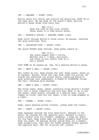 102.



INT -- HALLWAY -- NIGHT (1966)

Norton exits his office and strolls off whistling. PUSH IN on
the open door. We see Andy at the guard's desk, pulling
Norton's dress shoes from their box.

                    RED (V.O.)
          Andy did like he was told. Buffed
          those shoes to a high mirror shine.

INT -- NORTON'S OFFICE -- MINUTES LATER (1966)

Andy sorts through Norton's three suits. He pauses, checking
the gray pinstripe. Nice.

INT -- CELLBLOCK FIVE -- NIGHT (1966)

The guard BUZZES Andy through. Andy walks toward us.

                    RED (V.O.)
          The guard simply didn't notice.
          Neither did I. I mean, seriously,
          how often do you really look at a
          man's shoes?

TILT DOWN as he passes by. Yep, he's wearing Norton's shoes.

INT -- ANDY'S CELL -- NIGHT (1966)

The lights go out. Andy places the last chess piece. Gazes up
at Racquel. Smiles. Pulls the rope from under his pillow. He
stands and unbuttons his prison shirt, revealing Norton's
gray pinstripe suit underneath. A FLASH OF LIGHTNING floods
the cell, throwing wild shadows.

INT -- ANDY'S CELL -- NIGHT (1966)

The storm rages. Andy, naked, carefully slips Norton's folded
suit into a large industrial Zip-Lock bag. Next to go in are
the shoes, chess pieces (already in a smaller bag), black
ledger en files. Last but not least, a bar of soap wrapped in
a towel.

INT -- TUNNEL -- NIGHT (1966)

Andy, again wearing prison clothes, inches down the tunnel.

INT -- SHAFT -- NIGHT (1966)

Andy squeezes through the hole head-first, emerges to the
waist, He reaches for the opposite wall, manages to snag a
steel conduit with his fingers. Suddenly, a huge rat darts
for his hand. Andy yanks away and almost plummets head-first
down the shaft. He dangles wildly upside-down for a moment,
arms windmilling, then gets his hands pressed firmly against
the opposite wall. The rat scurries off, pissed.


                                                  (CONTINUED)
 