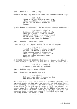 108.



INT -- MESS HALL -- DAY (1966)

Heywood is regaling the table with some anecdote about Andy.

                    RED (V.O.)
          Those of us who knew him best talk
          about him often. I swear, the stuff
          he pulled. It always makes us
          laugh.

A wild burst of laughter. PUSH IN on Red. Feeling melancholy.

                    RED (V.O.) (CONT'D)
          Sometimes it makes me sad, though,
          Andy being gone. I have to remind
          myself that some birds aren't meant
          to be caged, that's all. Their
          feathers are just too bright...

EXT -- FIELDS -- LATE DAY (1966)

Convicts hoe the fields. Guards patrol on horseback.

                    RED (V.O.)
          ...and when they fly away, the part
          of you that knows it was a sin to
          lock them up does rejoice...but
          still, the place you live is that
          much more drab and empty that
          they're gone.

A DISTANT RUMBLE OF THUNDER. Red pauses, gazes off. Storm
clouds coming in, backlit by the sun. A light drizzle begins.

                    RED (V.O.) (CONT'D)
          I guess I just miss my friend.

INT -- PRISON CELL -- NIGHT (1966)

Red is sleeping. He wakes with a start.

                    RED (V.O.)
          But there are times I curse him for
          the dreams he left behind...

He senses a presence, looks over his shoulder. There's a Rita
Hayworth poster on his wall. He gets out of bed. Rita just
keeps smiling, inscrutable. As Red watches, a brilliant round
glow builds behind the poster, shining from the tunnel. The
poster rips free, charred to ash in the blink of an eye as a
shaft of holy white light stabs into the cell. Sunlight. Red
staggers back against the glare. A whirlwind kicks up,
whipping everything into the air.




                                                  (CONTINUED)
 