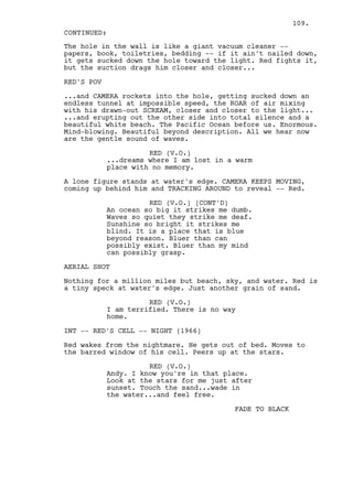 109.
CONTINUED:
The hole in the wall is like a giant vacuum cleaner --
papers, book, toiletries, bedding -- if it ain't nailed down,
it gets sucked down the hole toward the light. Red fights it,
but the suction drags him closer and closer...

RED'S POV

...and CAMERA rockets into the hole, getting sucked down an
endless tunnel at impossible speed, the ROAR of air mixing
with his drawn-out SCREAM, closer and closer to the light...
...and erupting out the other side into total silence and a
beautiful white beach. The Pacific Ocean before us. Enormous.
Mind-blowing. Beautiful beyond description. All we hear now
are the gentle sound of waves.

                      RED (V.O.)
            ...dreams where I am lost in a warm
            place with no memory.

A lone figure stands at water's edge. CAMERA KEEPS MOVING,
coming up behind him and TRACKING AROUND to reveal -- Red.

                      RED (V.O.) (CONT'D)
            An ocean so big it strikes me dumb.
            Waves so quiet they strike me deaf.
            Sunshine so bright it strikes me
            blind. It is a place that is blue
            beyond reason. Bluer than can
            possibly exist. Bluer than my mind
            can possibly grasp.

AERIAL SHOT

Nothing for a million miles but beach, sky, and water. Red is
a tiny speck at water's edge. Just another grain of sand.

                      RED (V.O.)
            I am terrified. There is no way
            home.

INT -- RED'S CELL -- NIGHT (1966)

Red wakes from the nightmare. He gets out of bed. Moves to
the barred window of his cell. Peers up at the stars.

                      RED (V.O.)
            Andy. I know you're in that place.
            Look at the stars for me just after
            sunset. Touch the sand...wade in
            the water...and feel free.

                                          FADE TO BLACK
 