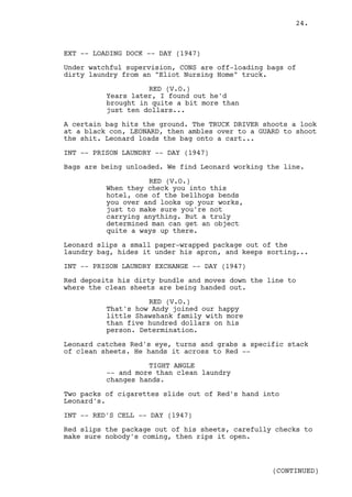 24.



EXT -- LOADING DOCK -- DAY (1947)

Under watchful supervision, CONS are off-loading bags of
dirty laundry from an "Eliot Nursing Home" truck.

                    RED (V.O.)
          Years later, I found out he'd
          brought in quite a bit more than
          just ten dollars...

A certain bag hits the ground. The TRUCK DRIVER shoots a look
at a black con, LEONARD, then ambles over to a GUARD to shoot
the shit. Leonard loads the bag onto a cart...

INT -- PRISON LAUNDRY -- DAY (1947)

Bags are being unloaded. We find Leonard working the line.

                    RED (V.O.)
          When they check you into this
          hotel, one of the bellhops bends
          you over and looks up your works,
          just to make sure you're not
          carrying anything. But a truly
          determined man can get an object
          quite a ways up there.

Leonard slips a small paper-wrapped package out of the
laundry bag, hides it under his apron, and keeps sorting...

INT -- PRISON LAUNDRY EXCHANGE -- DAY (1947)

Red deposits his dirty bundle and moves down the line to
where the clean sheets are being handed out.

                    RED (V.O.)
          That's how Andy joined our happy
          little Shawshank family with more
          than five hundred dollars on his
          person. Determination.

Leonard catches Red's eye, turns and grabs a specific stack
of clean sheets. He hands it across to Red --

                    TIGHT ANGLE
          -- and more than clean laundry
          changes hands.

Two packs of cigarettes slide out of Red's hand into
Leonard's.

INT -- RED'S CELL -- DAY (1947)

Red slips the package out of his sheets, carefully checks to
make sure nobody's coming, then rips it open.



                                                  (CONTINUED)
 