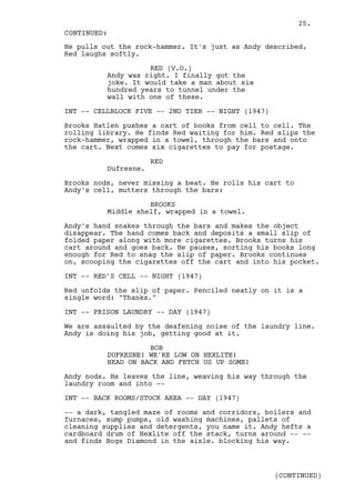 25.
CONTINUED:
He pulls out the rock-hammer. It's just as Andy described.
Red laughs softly.

                    RED (V.O.)
          Andy was right. I finally got the
          joke. It would take a man about six
          hundred years to tunnel under the
          wall with one of these.

INT -- CELLBLOCK FIVE -- 2ND TIER -- NIGHT (1947)

Brooks Hatlen pushes a cart of books from cell to cell. The
rolling library. He finds Red waiting for him. Red slips the
rock-hammer, wrapped in a towel, through the bars and onto
the cart. Next comes six cigarettes to pay for postage.

                      RED
          Dufresne.

Brooks nods, never missing a beat. He rolls his cart to
Andy's cell, mutters through the bars:

                    BROOKS
          Middle shelf, wrapped in a towel.

Andy's hand snakes through the bars and makes the object
disappear. The hand comes back and deposits a small slip of
folded paper along with more cigarettes. Brooks turns his
cart around and goes back. He pauses, sorting his books long
enough for Red to snag the slip of paper. Brooks continues
on, scooping the cigarettes off the cart and into his pocket.

INT -- RED'S CELL -- NIGHT (1947)

Red unfolds the slip of paper. Penciled neatly on it is a
single word: "Thanks."

INT -- PRISON LAUNDRY -- DAY (1947)

We are assaulted by the deafening noise of the laundry line.
Andy is doing his job, getting good at it.

                    BOB
          DUFRESNE! WE'RE LOW ON HEXLITE!
          HEAD ON BACK AND FETCH US UP SOME!

Andy nods. He leaves the line, weaving his way through the
laundry room and into --

INT -- BACK ROOMS/STOCK AREA -- DAY (1947)

-- a dark, tangled maze of rooms and corridors, boilers and
furnaces, sump pumps, old washing machines, pallets of
cleaning supplies and detergents, you name it. Andy hefts a
cardboard drum of Hexlite off the stack, turns around -- --
and finds Bogs Diamond in the aisle. blocking his way.



                                                    (CONTINUED)
 