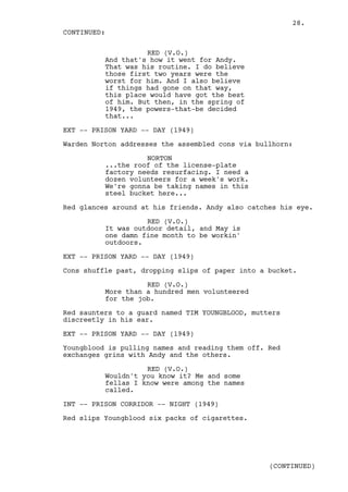 28.
CONTINUED:

                    RED (V.O.)
          And that's how it went for Andy.
          That was his routine. I do believe
          those first two years were the
          worst for him. And I also believe
          if things had gone on that way,
          this place would have got the best
          of him. But then, in the spring of
          1949, the powers-that-be decided
          that...

EXT -- PRISON YARD -- DAY (1949)

Warden Norton addresses the assembled cons via bullhorn:

                    NORTON
          ...the roof of the license-plate
          factory needs resurfacing. I need a
          dozen volunteers for a week's work.
          We're gonna be taking names in this
          steel bucket here...

Red glances around at his friends. Andy also catches his eye.

                    RED (V.O.)
          It was outdoor detail, and May is
          one damn fine month to be workin'
          outdoors.

EXT -- PRISON YARD -- DAY (1949)

Cons shuffle past, dropping slips of paper into a bucket.

                    RED (V.O.)
          More than a hundred men volunteered
          for the job.

Red saunters to a guard named TIM YOUNGBLOOD, mutters
discreetly in his ear.

EXT -- PRISON YARD -- DAY (1949)

Youngblood is pulling names and reading them off. Red
exchanges grins with Andy and the others.

                    RED (V.O.)
          Wouldn't you know it? Me and some
          fellas I know were among the names
          called.

INT -- PRISON CORRIDOR -- NIGHT (1949)

Red slips Youngblood six packs of cigarettes.




                                                  (CONTINUED)
 