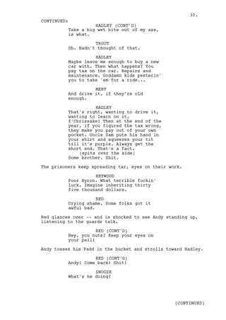 30.
CONTINUED:
                    HADLEY (CONT'D)
          Take a big wet bite out of my ass,
          is what.

                    TROUT
          Oh. Hadn't thought of that.

                    HADLEY
          Maybe leave me enough to buy a new
          car with. Then what happens? You
          pay tax on the car. Repairs and
          maintenance. Goddamn kids pesterin'
          you to take 'em for a ride...

                    MERT
          And drive it, if they're old
          enough.

                    HADLEY
          That's right, wanting to drive it,
          wanting to learn on it,
          f'Chrissake! Then at the end of the
          year, if you figured the tax wrong,
          they make you pay out of your own
          pocket. Uncle Sam puts his hand in
          your shirt and squeezes your tit
          till it's purple. Always get the
          short end. That's a fact.
              (spits over the side)
          Some brother. Shit.

The prisoners keep spreading tar, eyes on their work.

                    HEYWOOD
          Poor Byron. What terrible fuckin'
          luck. Imagine inheriting thirty
          five thousand dollars.

                     RED
          Crying shame. Some folks got it
          awful bad.

Red glances over -- and is shocked to see Andy standing up,
listening to the guards talk.

                     RED (CONT'D)
          Hey, you nuts? Keep your eyes on
          your pail!

Andy tosses his Padd in the bucket and strolls toward Hadley.

                    RED (CONT'D)
          Andy! Come back! Shit!

                    SNOOZE
          What's he doing?




                                                  (CONTINUED)
 