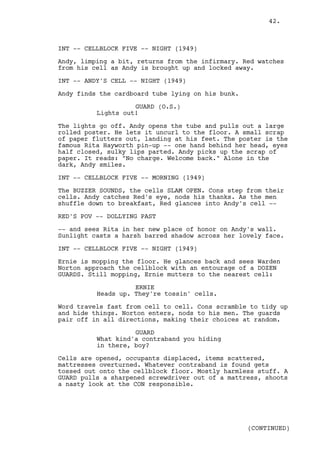 42.



INT -- CELLBLOCK FIVE -- NIGHT (1949)

Andy, limping a bit, returns from the infirmary. Red watches
from his cell as Andy is brought up and locked away.

INT -- ANDY'S CELL -- NIGHT (1949)

Andy finds the cardboard tube lying on his bunk.

                    GUARD (O.S.)
          Lights out!

The lights go off. Andy opens the tube and pulls out a large
rolled poster. He lets it uncurl to the floor. A small scrap
of paper flutters out, landing at his feet. The poster is the
famous Rita Hayworth pin-up -- one hand behind her head, eyes
half closed, sulky lips parted. Andy picks up the scrap of
paper. It reads: "No charge. Welcome back." Alone in the
dark, Andy smiles.

INT -- CELLBLOCK FIVE -- MORNING (1949)

The BUZZER SOUNDS, the cells SLAM OPEN. Cons step from their
cells. Andy catches Red's eye, nods his thanks. As the men
shuffle down to breakfast, Red glances into Andy's cell --

RED'S POV -- DOLLYING PAST

-- and sees Rita in her new place of honor on Andy's wall.
Sunlight casts a harsh barred shadow across her lovely face.

INT -- CELLBLOCK FIVE -- NIGHT (1949)

Ernie is mopping the floor. He glances back and sees Warden
Norton approach the cellblock with an entourage of a DOZEN
GUARDS. Still mopping, Ernie mutters to the nearest cell:

                    ERNIE
          Heads up. They're tossin' cells.

Word travels fast from cell to cell. Cons scramble to tidy up
and hide things. Norton enters, nods to his men. The guards
pair off in all directions, making their choices at random.

                    GUARD
          What kind'a contraband you hiding
          in there, boy?

Cells are opened, occupants displaced, items scattered,
mattresses overturned. Whatever contraband is found gets
tossed out onto the cellblock floor. Mostly harmless stuff. A
GUARD pulls a sharpened screwdriver out of a mattress, shoots
a nasty look at the CON responsible.




                                                   (CONTINUED)
 
