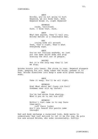 52.
CONTINUED:

                    ANDY
          Brooks, you're not going to hurt
          Heywood, we all know that. Even
          Heywood knows it, right Heywood?

                    HEYWOOD
              (nods, terrified)
          Sure. I know that. Sure.

                    ANDY
          Why? Ask anyone, they'll tell you.
          Brooks Hatlen is a reasonable man.

                    RED
              (cuing nods all around)
          Yeah, that's right. That's what
          everybody says.

                    ANDY
          You're not fooling anybody, so just
          put the damn knife down and stop
          scaring the shit out of people.

                    BROOKS
          But it's the only way they'll let
          me stay.

Brooks bursts into tears. The storm is over. Heywood staggers
free, gasping for air. Andy takes the knife, passes it to
Red. Brooks dissolves into Andy's arms with great heaving
sobs.

                    ANDY
          Take it easy. You'll be all right.

                    HEYWOOD
          Him? What about me? Crazy old fool!
          Goddamn near slit my throat!

                    RED
          You've had worse from shaving.
          What'd you do to set him off?

                     HEYWOOD
          Nothin'! Just came in to say fare-
          thee-well.
              (off their looks)
          Ain't you heard? His parole came
          through!

Red and Andy exchange a surprised look. Andy wants to
understand. Red just motions to let it be for now. He puts
his arm around Brooks, who sobs inconsolably. Softly:




                                                  (CONTINUED)
 