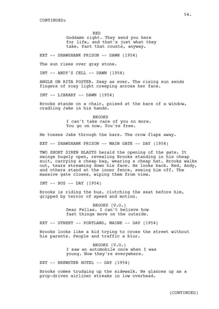 54.
CONTINUED:

                    RED
          Goddamn right. They send you here
          for life, and that's just what they
          take. Part that counts, anyway.

EXT -- SHAWSHANK PRISON -- DAWN (1954)

The sun rises over gray stone.

INT -- ANDY'S CELL -- DAWN (1954)

ANGLE ON RITA POSTER. Sexy as ever. The rising sun sends
fingers of rosy light creeping across her face.

INT -- LIBRARY -- DAWN (1954)

Brooks stands on a chair, poised at the bars of a window,
cradling Jake in his hands.

                    BROOKS
          I can't take care of you no more.
          You go on now. You're free.

He tosses Jake through the bars. The crow flaps away.

EXT -- SHAWSHANK PRISON -- MAIN GATE -- DAY (1954)

TWO SHORT SIREN BLASTS herald the opening of the gate. It
swings hugely open, revealing Brooks standing in his cheap
suit, carrying a cheap bag, wearing a cheap hat. Brooks walks
out, tears streaming down his face. He looks back. Red, Andy,
and others stand at the inner fence, seeing him off. The
massive gate closes, wiping them from view.

INT -- BUS -- DAY (1954)

Brooks is riding the bus, clutching the seat before him,
gripped by terror of speed and motion.

                    BROOKS (V.O.)
          Dear Fellas. I can't believe how
          fast things move on the outside.

EXT -- STREET -- PORTLAND, MAINE -- DAY (1954)

Brooks looks like a kid trying to cross the street without
his parents. People and traffic a blur.

                    BROOKS (V.O.)
          I saw an automobile once when I was
          young. Now they're everywhere.

EXT -- BREWSTER HOTEL -- DAY (1954)

Brooks comes trudging up the sidewalk. He glances up as a
prop-driven airliner streaks in low overhead.


                                                     (CONTINUED)
 