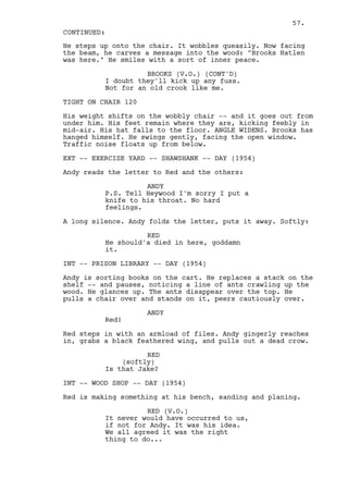 57.
CONTINUED:
He steps up onto the chair. It wobbles queasily. Now facing
the beam, he carves a message into the wood: "Brooks Hatlen
was here." He smiles with a sort of inner peace.

                    BROOKS (V.O.) (CONT'D)
          I doubt they'll kick up any fuss.
          Not for an old crook like me.

TIGHT ON CHAIR 120

His weight shifts on the wobbly chair -- and it goes out from
under him. His feet remain where they are, kicking feebly in
mid-air. His hat falls to the floor. ANGLE WIDENS. Brooks has
hanged himself. He swings gently, facing the open window.
Traffic noise floats up from below.

EXT -- EXERCISE YARD -- SHAWSHANK -- DAY (1954)

Andy reads the letter to Red and the others:

                    ANDY
          P.S. Tell Heywood I'm sorry I put a
          knife to his throat. No hard
          feelings.

A long silence. Andy folds the letter, puts it away. Softly:

                    RED
          He should'a died in here, goddamn
          it.

INT -- PRISON LIBRARY -- DAY (1954)

Andy is sorting books on the cart. He replaces a stack on the
shelf -- and pauses, noticing a line of ants crawling up the
wood. He glances up. The ants disappear over the top. He
pulls a chair over and stands on it, peers cautiously over.

                     ANDY
          Red!

Red steps in with an armload of files. Andy gingerly reaches
in, grabs a black feathered wing, and pulls out a dead crow.

                    RED
              (softly)
          Is that Jake?

INT -- WOOD SHOP -- DAY (1954)

Red is making something at his bench, sanding and planing.

                    RED (V.O.)
          It never would have occurred to us,
          if not for Andy. It was his idea.
          We all agreed it was the right
          thing to do...
 