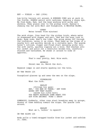 58.



EXT -- FIELDS -- DAY (1954)

Low hilly terrain all around. A HUNDRED CONS are at work in
the fields. GUARDS patrol with carbines, keeping a sharp eye.
We find Andy, Red, and the boys working with picks and
shovels. They glance over to the pickup truck. Hadley's
chewing the fat with Mert and Youngblood. A WHISTLE BLOWS.

                    GUARD
          Water break! Five minutes!

The work stops. Cons head for the pickup truck, where water
is dispensed with dipper and pail. Red and the boys look to
Andy. Andy nods. Now's the time. The group moves off through
the confusion, using it as cover. They head up the slope of a
nearby hill and quickly decide on a suitable spot. The guards
haven't noticed. Jigger and Floyd start swinging picks into
the soft earth, quickly ripping out a hole. Red reaches into
his jacket and pulls out a beautiful wooden box, carefully
stained and varnished. He shows it around to nods of
approval.

                    ANDY
          That's real pretty, Red. Nice work.

                    HEYWOOD
          Shovel man in. Watch the dirt.

Heywood jumps in and starts spading out the hole.

BY THE TRUCK 125

Youngblood glances up and sees the men on the slope.

                    YOUNGBLOOD
          What the fuck.

                    HADLZY
              (follows his gaze)
          HEY.' YOU MEN UP THERE.' GET YOUR
          ASSES OFF THAT SLOPE!
              (works his rifle bolt)
          YOU HAPPY ASSHOLES GONE DEAF? YOU
          GOT FIVE SECONDS 'FORE I SHOOT

SOMEBODY! Suddenly, other cons start breaking away in groups,
dozens of them heading toward the slope. The guards look
around.

                    HADLEY
          What am I, talkin' to myself?

ON THE SLOPE 126

Andy pulls a towel-wrapped bundle from his jacket and unfolds
it. Jake.


                                                    (CONTINUED)
 
