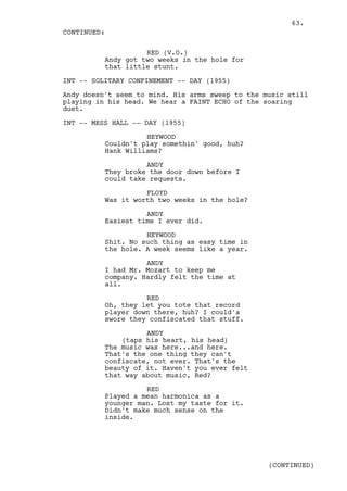 63.
CONTINUED:

                    RED (V.O.)
          Andy got two weeks in the hole for
          that little stunt.

INT -- SOLITARY CONFINEMENT -- DAY (1955)

Andy doesn't seem to mind. His arms sweep to the music still
playing in his head. We hear a FAINT ECHO of the soaring
duet.

INT -- MESS HALL -- DAY (1955)

                    HEYWOOD
          Couldn't play somethin' good, huh?
          Hank Williams?

                    ANDY
          They broke the door down before I
          could take requests.

                    FLOYD
          Was it worth two weeks in the hole?

                    ANDY
          Easiest time I ever did.

                    HEYWOOD
          Shit. No such thing as easy time in
          the hole. A week seems like a year.

                    ANDY
          I had Mr. Mozart to keep me
          company. Hardly felt the time at
          all.

                    RED
          Oh, they let you tote that record
          player down there, huh? I could'a
          swore they confiscated that stuff.

                    ANDY
              (taps his heart, his head)
          The music was here...and here.
          That's the one thing they can't
          confiscate, not ever. That's the
          beauty of it. Haven't you ever felt
          that way about music, Red?

                    RED
          Played a mean harmonica as a
          younger man. Lost my taste for it.
          Didn't make much sense on the
          inside.




                                                  (CONTINUED)
 