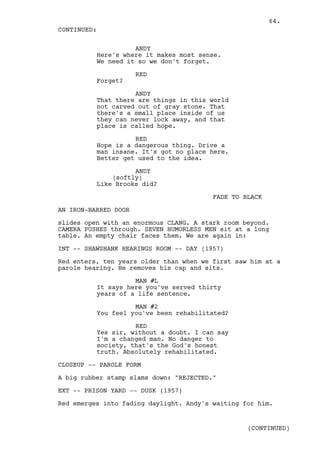 64.
CONTINUED:

                    ANDY
          Here's where it makes most sense.
          We need it so we don't forget.

                      RED
          Forget?

                    ANDY
          That there are things in this world
          not carved out of gray stone. That
          there's a small place inside of us
          they can never lock away, and that
          place is called hope.

                    RED
          Hope is a dangerous thing. Drive a
          man insane. It's got no place here.
          Better get used to the idea.

                    ANDY
              (softly)
          Like Brooks did?

                                         FADE TO BLACK

AN IRON-BARRED DOOR

slides open with an enormous CLANG. A stark room beyond.
CAMERA PUSHES through. SEVEN HUMORLESS MEN sit at a long
table. An empty chair faces them. We are again in:

INT -- SHAWSHANK HEARINGS ROOM -- DAY (1957)

Red enters, ten years older than when we first saw him at a
parole hearing. He removes his cap and sits.

                    MAN #L
          It says here you've served thirty
          years of a life sentence.

                    MAN #2
          You feel you've been rehabilitated?

                    RED
          Yes sir, without a doubt. I can say
          I'm a changed man. No danger to
          society, that's the God's honest
          truth. Absolutely rehabilitated.

CLOSEUP -- PAROLE FORM

A big rubber stamp slams down: "REJECTED."

EXT -- PRISON YARD -- DUSK (1957)

Red emerges into fading daylight. Andy's waiting for him.


                                                  (CONTINUED)
 