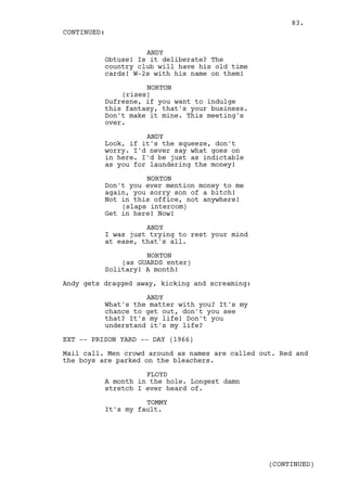 83.
CONTINUED:

                    ANDY
          Obtuse! Is it deliberate? The
          country club will have his old time
          cards! W-2s with his name on them!

                    NORTON
              (rises)
          Dufresne, if you want to indulge
          this fantasy, that's your business.
          Don't make it mine. This meeting's
          over.

                    ANDY
          Look, if it's the squeeze, don't
          worry. I'd never say what goes on
          in here. I'd be just as indictable
          as you for laundering the money!

                    NORTON
          Don't you ever mention money to me
          again, you sorry son of a bitch!
          Not in this office, not anywhere!
              (slaps intercom)
          Get in here! Now!

                    ANDY
          I was just trying to rest your mind
          at ease, that's all.

                    NORTON
              (as GUARDS enter)
          Solitary! A month!

Andy gets dragged away, kicking and screaming:

                    ANDY
          What's the matter with you? It's my
          chance to get out, don't you see
          that? It's my life! Don't you
          understand it's my life?

EXT -- PRISON YARD -- DAY (1966)

Mail call. Men crowd around as names are called out. Red and
the boys are parked on the bleachers.

                    FLOYD
          A month in the hole. Longest damn
          stretch I ever heard of.

                    TOMMY
          It's my fault.




                                                  (CONTINUED)
 