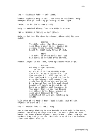 87.



INT -- SOLITARY WING -- DAY (1966)

GUARDS approach Andy's cell. The door is unlocked. Andy
emerges slowly, blinking painfully at the light.

INT/EXT -- PRISON -- DAY (1966)

Andy is marched along. Convicts stop to stare.

INT -- NORTON'S OFFICE -- DAY (1966)

Andy is led in. The door is closed. Alone with Norton.
Softly,

                    NORTON
          Terrible thing. Man that young,
          less than a year to go, trying to
          escape. Broke Captain Hadley's
          heart to shoot him, truly it did.

                    ANDY
          I'm done. It stops right now. Get
          H&R Block to declare your income.

Norton lunges to his feet, eyes sparkling with rage.

                    NORTON
          Nothing stops! NOTHING!
              (tight)
          Or you will do the hardest time
          there is. No more protection from
          the guards. I'll pull you out of
          that one-bunk Hilton and put you in
          with the biggest bull queer I can
          find. You'll think you got fucked
          by a train! And the library? Gone!
          Sealed off brick by brick! We'll
          have us a little book-barbecue in
          the yard! They'll see the flames
          for miles! We'll dance around it
          like wild Indians! Do you
          understand me? Are you catching my
          drift?

SLOW PUSH IN on Andy's face. Eyes hollow. His beaten
expression says it all...

EXT -- PRISON YARD -- DAY (1966)

Red finds Andy sitting in the shadow of the high stone wall,
poking listlessly through the dust for small pebbles. Red
waits for some acknowledgment. Andy doesn't even look up. Red
hunkers down and joins him. Nothing is said for the longest
time. And then, softly:




                                                  (CONTINUED)
 