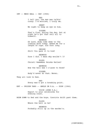 91.



INT -- MESS HALL -- DAY (1966)

                    RED
          I tell you, the man was talkin'
          crazy. I'm worried, I truly am.

                    SKEET
          We ought to keep an eye on him.

                    ZIGGER
          That's fine, during the day. But at
          night he's got that cell all to
          himself.

                    HEYWOOD
          Oh Lord. Andy come down to the
          loading dock today. Asked me for a
          length of rope. Six foot long.

                    SNOOZE
          Shit! You gave it to him?

                    HEYWOOD
          Sure I did. I mean why wouldn't I?

                    FLOYD
          Christ! Remember Brooks Hatlen?

                    HEYWOOD
          How the hell was I s'pose to know?

                    ZIGGER
          Andy'd never do that. Never.

They all look to Red.

                    RED
          Every man's got a breaking point.

EXT -- PRISON YARD -- ANGLE ON P.A. -- DUSK (1966)

                    VOICE (OVER P.A.)
          Report to your cellblocks for
          evening count.

BOOM DOWN to Red and the boys. Convicts drift past them.

                    FLOYD
          Where the hell is he?

                    HEYWOOD
          Probably still up in the warden's.




                                                     (CONTINUED)
 