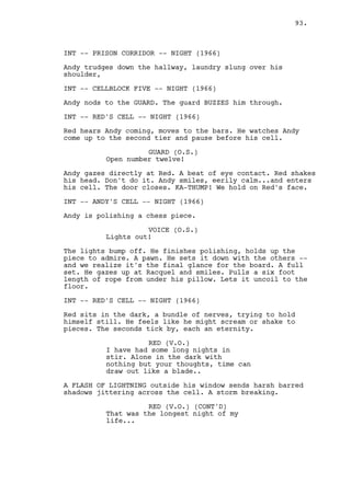 93.



INT -- PRISON CORRIDOR -- NIGHT (1966)

Andy trudges down the hallway, laundry slung over his
shoulder,

INT -- CELLBLOCK FIVE -- NIGHT (1966)

Andy nods to the GUARD. The guard BUZZES him through.

INT -- RED'S CELL -- NIGHT (1966)

Red hears Andy coming, moves to the bars. He watches Andy
come up to the second tier and pause before his cell.

                    GUARD (O.S.)
          Open number twelve!

Andy gazes directly at Red. A beat of eye contact. Red shakes
his head. Don't do it. Andy smiles, eerily calm...and enters
his cell. The door closes. KA-THUMP! We hold on Red's face.

INT -- ANDY'S CELL -- NIGHT (1966)

Andy is polishing a chess piece.

                    VOICE (O.S.)
          Lights out!

The lights bump off. He finishes polishing, holds up the
piece to admire. A pawn. He sets it down with the others --
and we realize it's the final glance for the board. A full
set. He gazes up at Racquel and smiles. Pulls a six foot
length of rope from under his pillow. Lets it uncoil to the
floor.

INT -- RED'S CELL -- NIGHT (1966)

Red sits in the dark, a bundle of nerves, trying to hold
himself still. He feels like he might scream or shake to
pieces. The seconds tick by, each an eternity.

                    RED (V.O.)
          I have had some long nights in
          stir. Alone in the dark with
          nothing but your thoughts, time can
          draw out like a blade..

A FLASH OF LIGHTNING outside his window sends harsh barred
shadows jittering across the cell. A storm breaking.

                    RED (V.O.) (CONT'D)
          That was the longest night of my
          life...
 