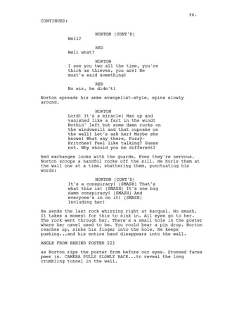 96.
CONTINUED:

                       NORTON (CONT'D)
          Well?

                       RED
          Well what?

                    NORTON
          I see you two all the time, you're
          thick as thieves, you are! He
          must'a said something!

                    RED
          No sir, he didn't!

Norton spreads his arms evangelist-style, spins slowly
around.

                    NORTON
          Lord! It's a miracle! Man up and
          vanished like a fart in the wind!
          Nothin' left but some damn rocks on
          the windowsill and that cupcake on
          the wall! Let's ask her! Maybe she
          knows! What say there, Fuzzy-
          Britches? Feel like talking? Guess
          not. Why should you be different?

Red exchanges looks with the guards. Even they're nervous.
Norton scoops a handful rocks off the sill. He hurls them at
the wall one at a time, shattering them, punctuating his
words:

                    NORTON (CONT'D)
          It's a conspiracy! (SMASH) That's
          what this is! (SMASH) It's one big
          damn conspiracy! (SMASH) And
          everyone's in on it! (SMASH)
          Including her!

He sends the last rock whizzing right at Racquel. No smash.
It takes a moment for this to sink in. All eyes go to her.
The rock went through her. There's a small hole in the poster
where her navel used to be. You could hear a pin drop. Norton
reaches up, sinks his finger into the hole. He keeps
pushing...and his entire hand disappears into the wall.

ANGLE FROM BEHIND POSTER 221

as Norton rips the poster from before our eyes. Stunned faces
peer in. CAMERA PULLS SLOWLY BACK...to reveal the long
crumbling tunnel in the wall.
 