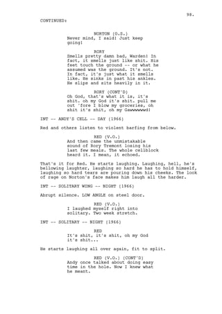 98.
CONTINUED:

                    NORTON (O.S.)
          Never mind, I said! Just keep
          going!

                    RORY
          Smells pretty damn bad, Warden! In
          fact, it smells just like shit. His
          feet touch the ground -- or what he
          assumed was the ground. It's not.
          In fact, it's just what it smells
          like. He sinks in past his ankles.
          He slips and sits heavily in it.

                    RORY (CONT'D)
          Oh God, that's what it is, it's
          shit. oh my God it's shit. pull me
          out 'fore I blow my groceries, oh
          shit it's shit, oh my Gawwwwwwd!

INT -- ANDY'S CELL -- DAY (1966)

Red and others listen to violent barfing from below.

                    RED (V.O.)
          And then came the unmistakable
          sound of Rory Tremont losing his
          last few meals. The whole cellblock
          heard it. I mean, it echoed.

That's it for Red. He starts laughing. Laughing, hell, he's
bellowing laughter, laughing so hard he has to hold himself,
laughing so hard tears are pouring down his cheeks. The look
of rage on Norton's face makes him laugh all the harder.

INT -- SOLITARY WING -- NIGHT (1966)

Abrupt silence. LOW ANGLE on steel door.

                    RED (V.O.)
          I laughed myself right into
          solitary. Two week stretch.

INT -- SOLITARY -- NIGHT (1966)

                    RED
          It's shit, it's shit, oh my God
          it's shit...

He starts laughing all over again, fit to split.

                    RED (V.O.) (CONT'D)
          Andy once talked about doing easy
          time in the hole. Now I knew what
          he meant.
 