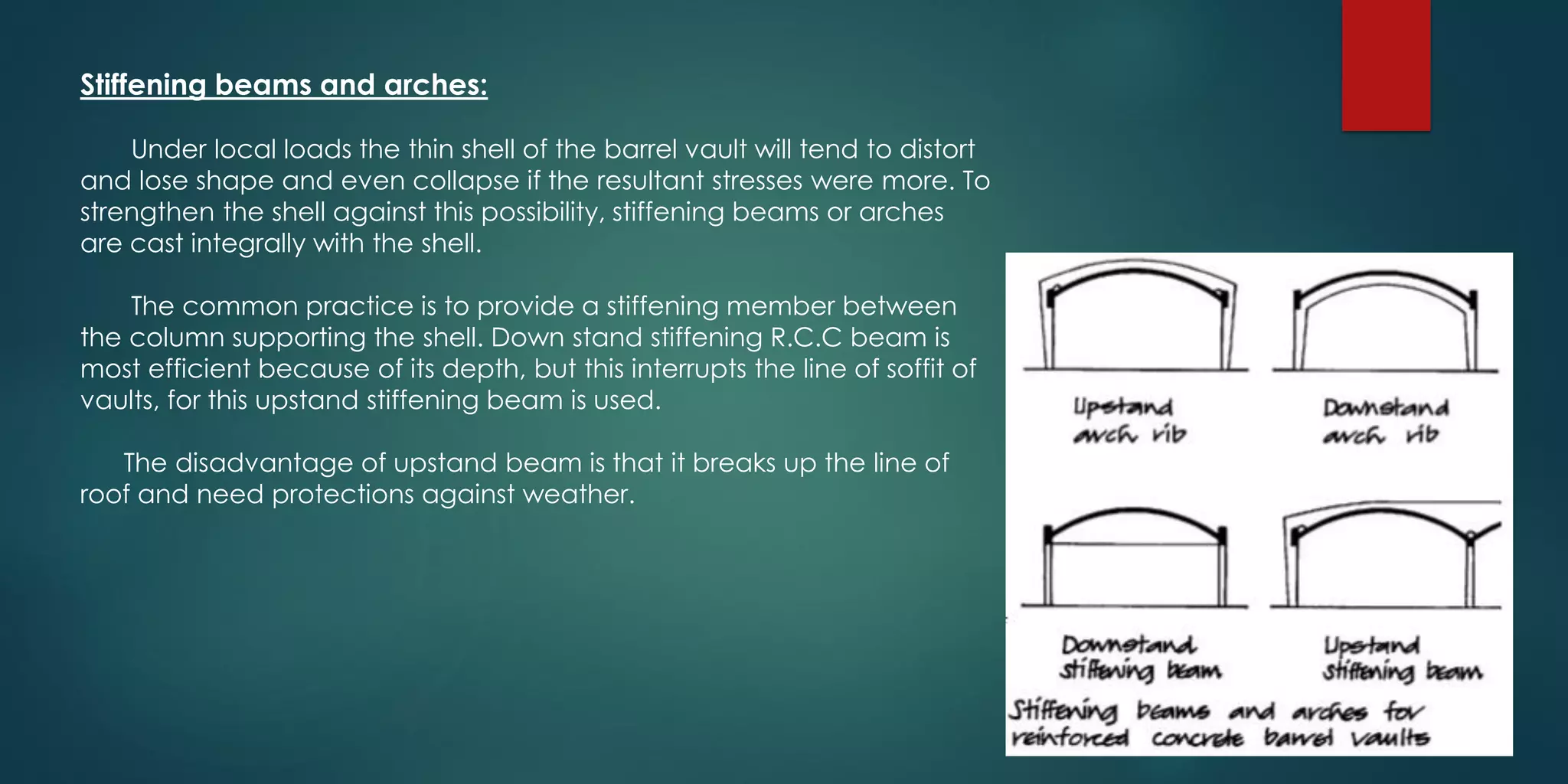 Stiffening beams and arches:
Under local loads the thin shell of the barrel vault will tend to distort
and lose shape and even collapse if the resultant stresses were more. To
strengthen the shell against this possibility, stiffening beams or arches
are cast integrally with the shell.
The common practice is to provide a stiffening member between
the column supporting the shell. Down stand stiffening R.C.C beam is
most efficient because of its depth, but this interrupts the line of soffit of
vaults, for this upstand stiffening beam is used.
The disadvantage of upstand beam is that it breaks up the line of
roof and need protections against weather.
 