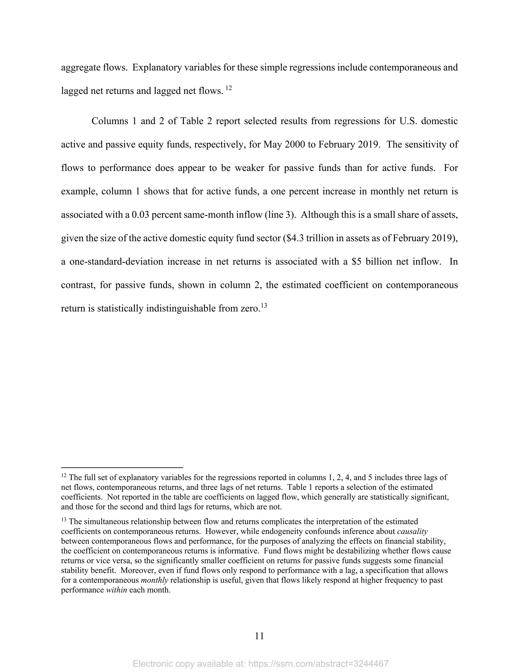 11 
aggregate flows. Explanatory variables for these simple regressions include contemporaneous and
lagged net returns and lagged net flows. 12
Columns 1 and 2 of Table 2 report selected results from regressions for U.S. domestic
active and passive equity funds, respectively, for May 2000 to February 2019. The sensitivity of
flows to performance does appear to be weaker for passive funds than for active funds. For
example, column 1 shows that for active funds, a one percent increase in monthly net return is
associated with a 0.03 percent same-month inflow (line 3). Although this is a small share of assets,
given the size of the active domestic equity fund sector ($4.3 trillion in assets as of February 2019),
a one-standard-deviation increase in net returns is associated with a $5 billion net inflow. In
contrast, for passive funds, shown in column 2, the estimated coefficient on contemporaneous
return is statistically indistinguishable from zero.13
                                                            
12
The full set of explanatory variables for the regressions reported in columns 1, 2, 4, and 5 includes three lags of
net flows, contemporaneous returns, and three lags of net returns. Table 1 reports a selection of the estimated
coefficients. Not reported in the table are coefficients on lagged flow, which generally are statistically significant,
and those for the second and third lags for returns, which are not.
13
The simultaneous relationship between flow and returns complicates the interpretation of the estimated
coefficients on contemporaneous returns. However, while endogeneity confounds inference about causality
between contemporaneous flows and performance, for the purposes of analyzing the effects on financial stability,
the coefficient on contemporaneous returns is informative. Fund flows might be destabilizing whether flows cause
returns or vice versa, so the significantly smaller coefficient on returns for passive funds suggests some financial
stability benefit. Moreover, even if fund flows only respond to performance with a lag, a specification that allows
for a contemporaneous monthly relationship is useful, given that flows likely respond at higher frequency to past
performance within each month.
Electronic copy available at: https://ssrn.com/abstract=3244467
 