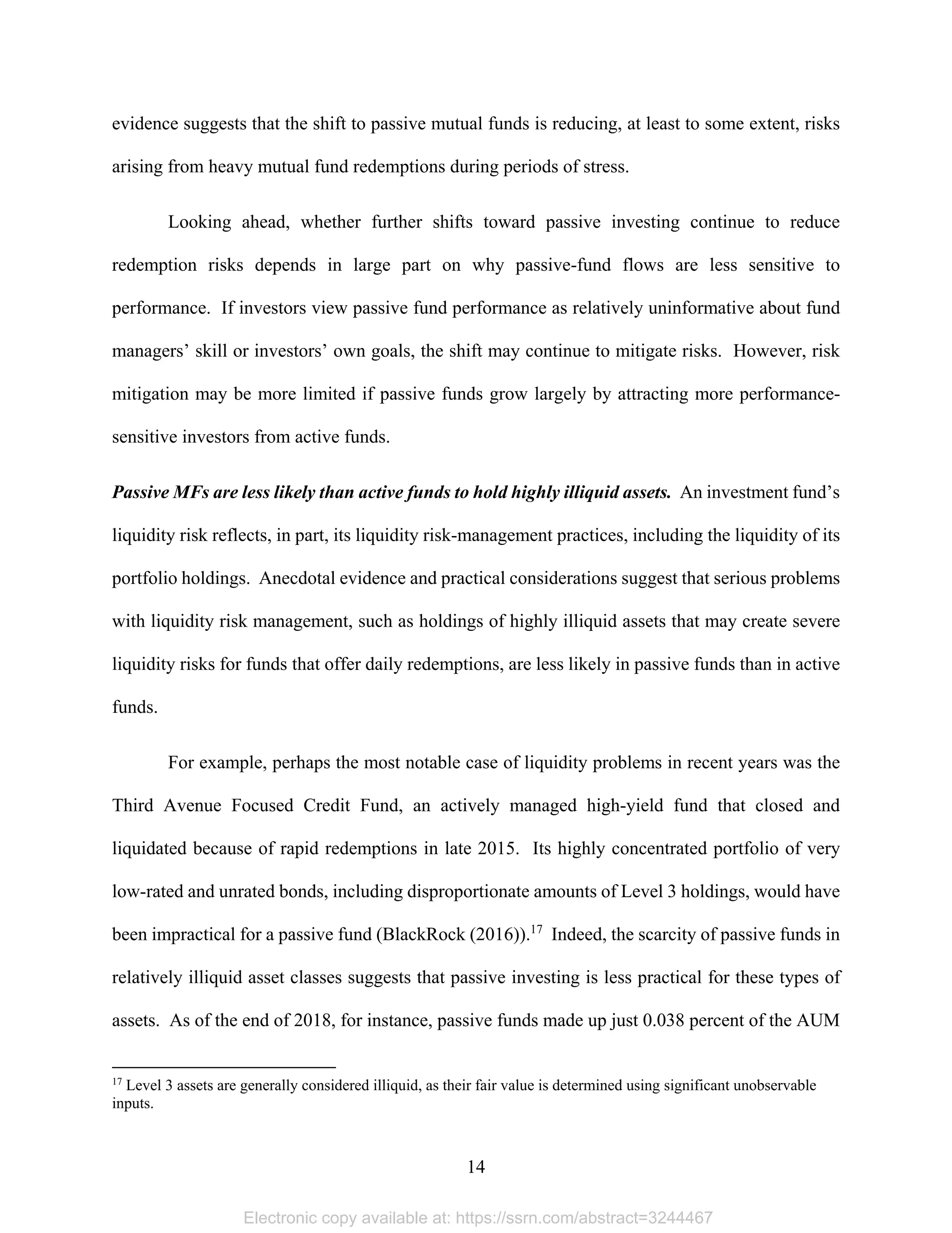 14 
evidence suggests that the shift to passive mutual funds is reducing, at least to some extent, risks
arising from heavy mutual fund redemptions during periods of stress.
Looking ahead, whether further shifts toward passive investing continue to reduce
redemption risks depends in large part on why passive-fund flows are less sensitive to
performance. If investors view passive fund performance as relatively uninformative about fund
managers’ skill or investors’ own goals, the shift may continue to mitigate risks. However, risk
mitigation may be more limited if passive funds grow largely by attracting more performance-
sensitive investors from active funds.
Passive MFs are less likely than active funds to hold highly illiquid assets. An investment fund’s
liquidity risk reflects, in part, its liquidity risk-management practices, including the liquidity of its
portfolio holdings. Anecdotal evidence and practical considerations suggest that serious problems
with liquidity risk management, such as holdings of highly illiquid assets that may create severe
liquidity risks for funds that offer daily redemptions, are less likely in passive funds than in active
funds.
For example, perhaps the most notable case of liquidity problems in recent years was the
Third Avenue Focused Credit Fund, an actively managed high-yield fund that closed and
liquidated because of rapid redemptions in late 2015. Its highly concentrated portfolio of very
low-rated and unrated bonds, including disproportionate amounts of Level 3 holdings, would have
been impractical for a passive fund (BlackRock (2016)).17
Indeed, the scarcity of passive funds in
relatively illiquid asset classes suggests that passive investing is less practical for these types of
assets. As of the end of 2018, for instance, passive funds made up just 0.038 percent of the AUM
                                                            
17
Level 3 assets are generally considered illiquid, as their fair value is determined using significant unobservable
inputs.
Electronic copy available at: https://ssrn.com/abstract=3244467
 