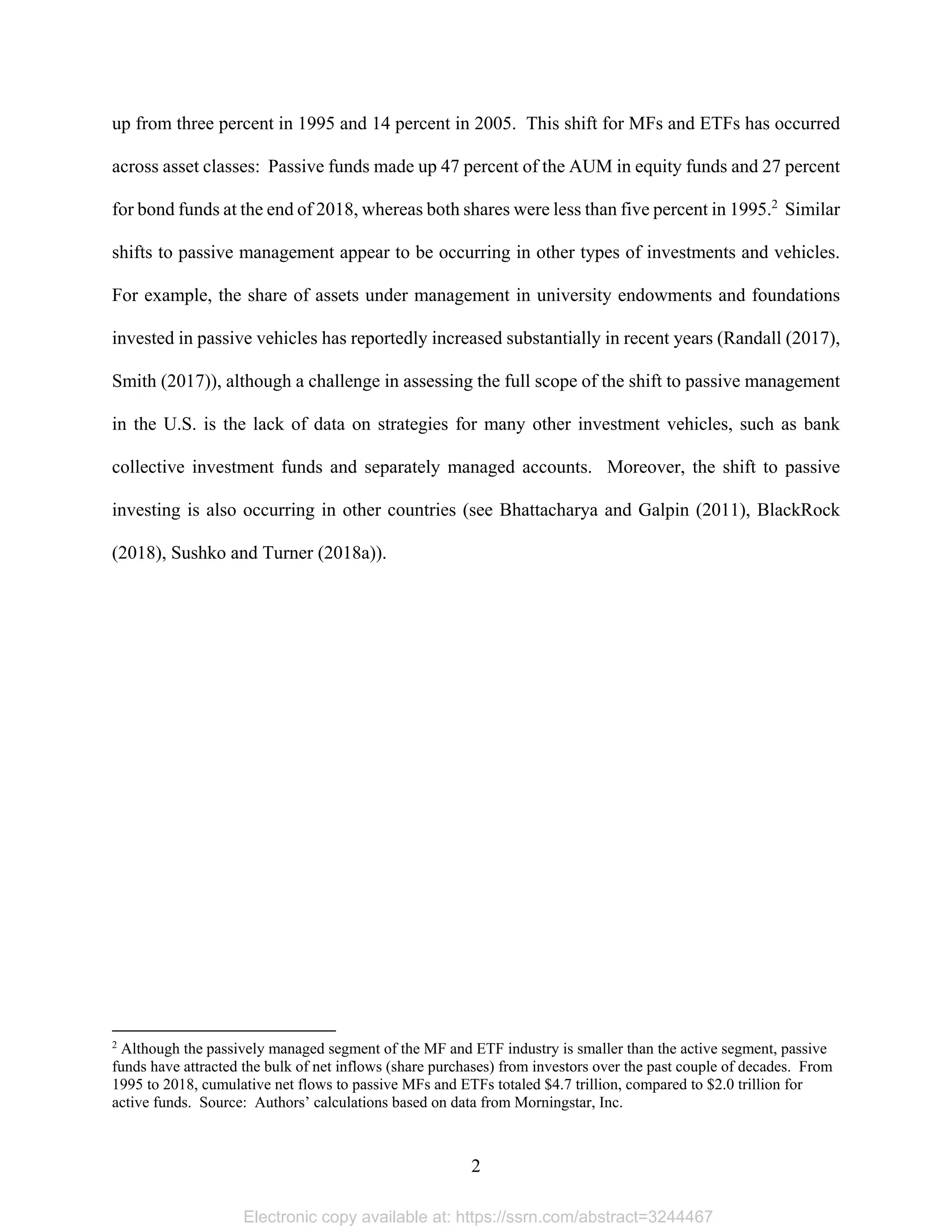 2 
up from three percent in 1995 and 14 percent in 2005. This shift for MFs and ETFs has occurred
across asset classes: Passive funds made up 47 percent of the AUM in equity funds and 27 percent
for bond funds at the end of 2018, whereas both shares were less than five percent in 1995.2
Similar
shifts to passive management appear to be occurring in other types of investments and vehicles.
For example, the share of assets under management in university endowments and foundations
invested in passive vehicles has reportedly increased substantially in recent years (Randall (2017),
Smith (2017)), although a challenge in assessing the full scope of the shift to passive management
in the U.S. is the lack of data on strategies for many other investment vehicles, such as bank
collective investment funds and separately managed accounts. Moreover, the shift to passive
investing is also occurring in other countries (see Bhattacharya and Galpin (2011), BlackRock
(2018), Sushko and Turner (2018a)).
                                                            
2
Although the passively managed segment of the MF and ETF industry is smaller than the active segment, passive
funds have attracted the bulk of net inflows (share purchases) from investors over the past couple of decades. From
1995 to 2018, cumulative net flows to passive MFs and ETFs totaled $4.7 trillion, compared to $2.0 trillion for
active funds. Source: Authors’ calculations based on data from Morningstar, Inc.
Electronic copy available at: https://ssrn.com/abstract=3244467
 