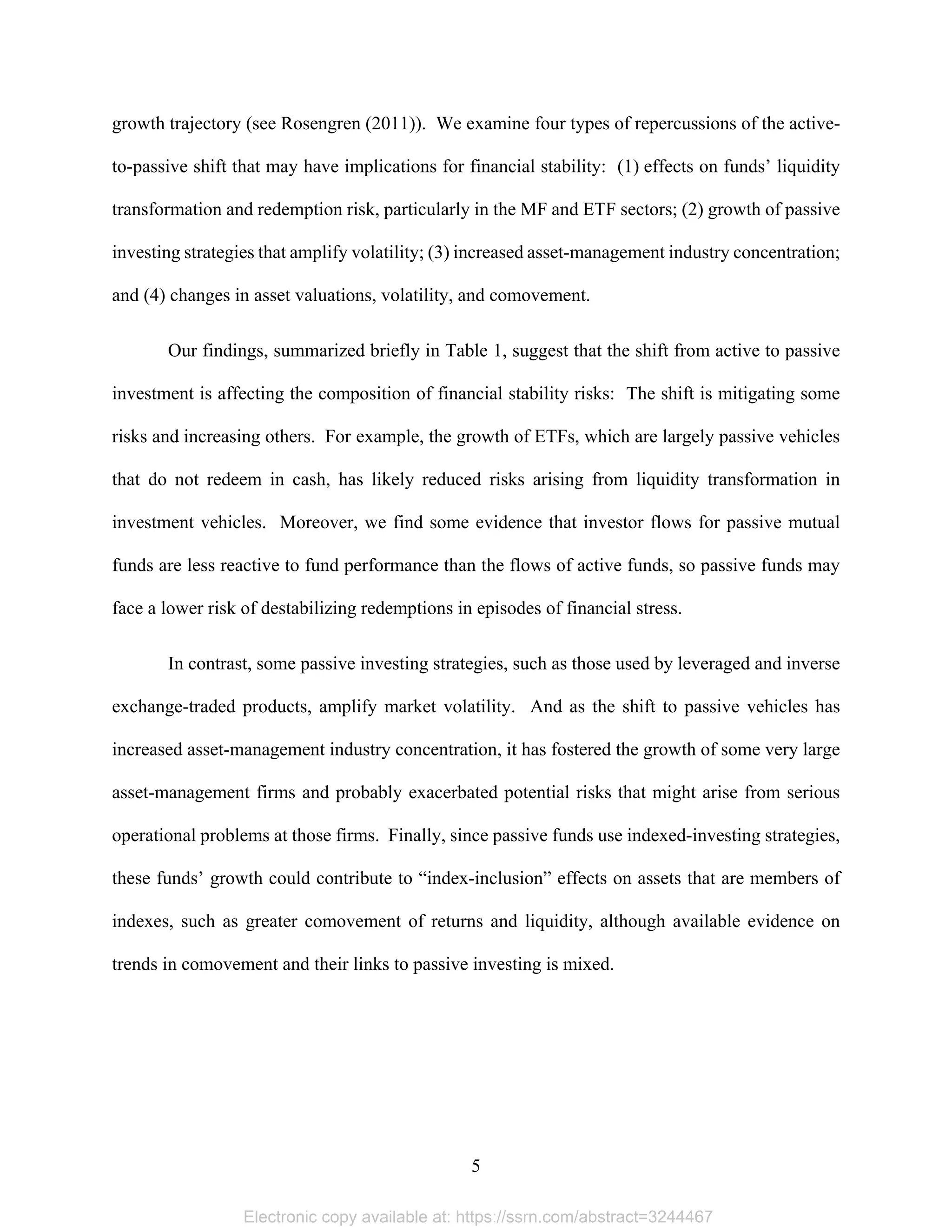 5 
growth trajectory (see Rosengren (2011)). We examine four types of repercussions of the active-
to-passive shift that may have implications for financial stability: (1) effects on funds’ liquidity
transformation and redemption risk, particularly in the MF and ETF sectors; (2) growth of passive
investing strategies that amplify volatility; (3) increased asset-management industry concentration;
and (4) changes in asset valuations, volatility, and comovement.
Our findings, summarized briefly in Table 1, suggest that the shift from active to passive
investment is affecting the composition of financial stability risks: The shift is mitigating some
risks and increasing others. For example, the growth of ETFs, which are largely passive vehicles
that do not redeem in cash, has likely reduced risks arising from liquidity transformation in
investment vehicles. Moreover, we find some evidence that investor flows for passive mutual
funds are less reactive to fund performance than the flows of active funds, so passive funds may
face a lower risk of destabilizing redemptions in episodes of financial stress.
In contrast, some passive investing strategies, such as those used by leveraged and inverse
exchange-traded products, amplify market volatility. And as the shift to passive vehicles has
increased asset-management industry concentration, it has fostered the growth of some very large
asset-management firms and probably exacerbated potential risks that might arise from serious
operational problems at those firms. Finally, since passive funds use indexed-investing strategies,
these funds’ growth could contribute to “index-inclusion” effects on assets that are members of
indexes, such as greater comovement of returns and liquidity, although available evidence on
trends in comovement and their links to passive investing is mixed.
Electronic copy available at: https://ssrn.com/abstract=3244467
 