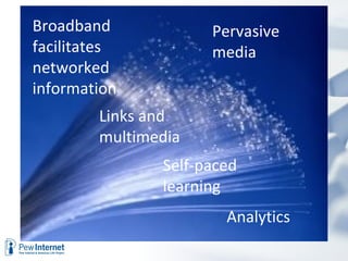 Broadband            Pervasive
facilitates          media
networked
information
        Links and
        multimedia
               Self-paced
               learning
                       Analytics
 