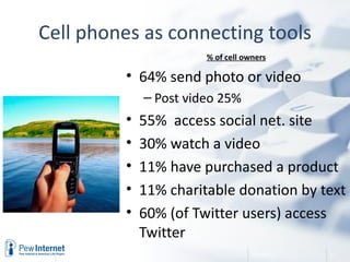 Cell phones as connecting tools
                       % of cell owners

         • 64% send photo or video
             – Post video 25%
         •   55% access social net. site
         •   30% watch a video
         •   11% have purchased a product
         •   11% charitable donation by text
         •   60% (of Twitter users) access
             Twitter
                                   2/22/2011   17
 