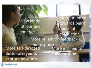 More oriented
        New kinds             towards being
        of learners           nodes of
        emerge                production
              More reliant on feedback
              and response
More self-directed       More inclined to
Better arrayed to        collaboration
capture new info
 