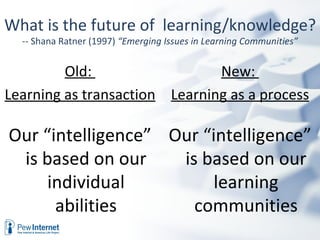 What is the future of learning/knowledge?
  -- Shana Ratner (1997) “Emerging Issues in Learning Communities”


         Old:                  New:
Learning as transaction Learning as a process

Our “intelligence” Our “intelligence”
 is based on our    is based on our
     individual          learning
      abilities       communities
 