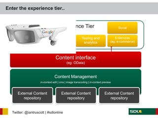 Enter the experience tier..


                                   Experience Tier                                    Social


       Device             Personalization &             Testing and                 E-Services
     optimization         Recomendations                 analytics               (eg: e-commerce)




                                 Content interface
                                          (eg: OData)



                                Content Management
                    in-context edit | cms | image transcoding | in-context preview



     External Content                 External Content                      External Content
        repository                       repository                            repository


  Twitter: @iantruscott | #sdlonline
 