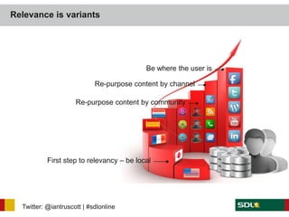 Relevance is variants




                                           Be where the user is

                            Re-purpose content by channel

                     Re-purpose content by community




           First step to relevancy – be local




  Twitter: @iantruscott | #sdlonline
 