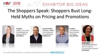 The Shoppers Speak: Shoppers Bust Long-
Held Myths on Pricing and Promotions
Panelist:
CHERYL SULLIVAN
Chief Marketing &
Strategy Officer
REVIONICS
Guest Panelist:
GEORGE LAWRIE
Vice President &
Principal Analyst
FORRESTER
Panelist:
LUCAS RAUCH
Senior Director
US Insights
WALGREENS
Moderator:
ALISON RAFFALOVICH
Senior Corporate
Communications Director
REVIONICS
 