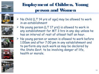 Employment of Children, Young
person and Women
 No Child (LT 14 yrs of age) may be allowed to work
in an establishment
 No young person (LT 17 yrs) is allowed to work in
any establishment for MT 3 hrs in any day unless he
has an interval of rest of atleast half an hour.
 No young person or women is allowed to work before
1.00am and after 7.00 pm in any establishment and
to perform any such work as may be declared by
the State Govt. to be involving danger of life,
health or morale.
11
 