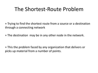 The Shortest-Route Problem + Trying to find the shortest route from a source or a destination through a connecting network + The destination  may be in any other node in the network. + This the problem faced by any organization that delivers or picks up material from a number of points.  