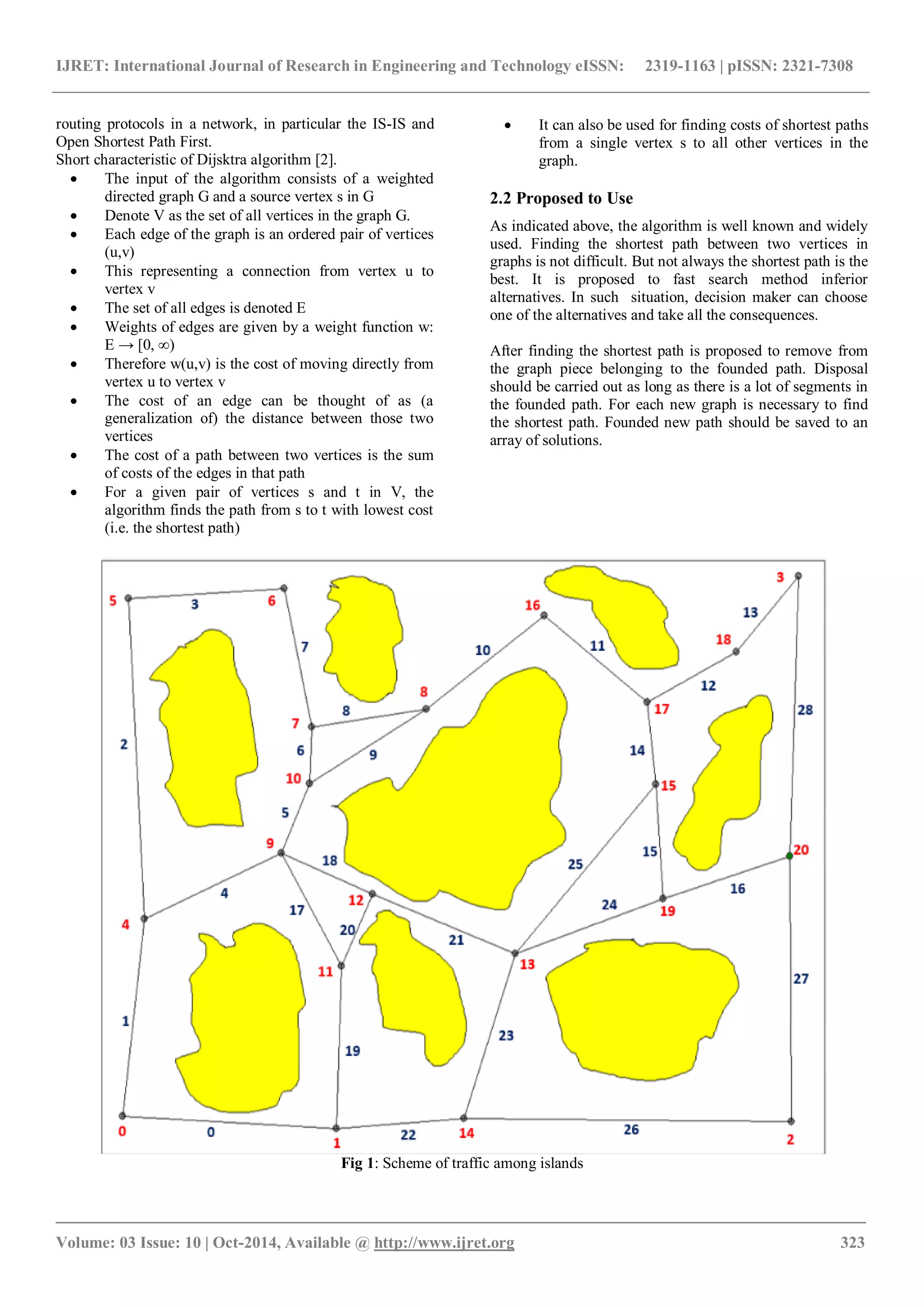 IJRET: International Journal of Research in Engineering and Technology eISSN: 2319-1163 | pISSN: 2321-7308
_______________________________________________________________________________________
Volume: 03 Issue: 10 | Oct-2014, Available @ http://www.ijret.org 323
routing protocols in a network, in particular the IS-IS and
Open Shortest Path First.
Short characteristic of Dijsktra algorithm [2].
 The input of the algorithm consists of a weighted
directed graph G and a source vertex s in G
 Denote V as the set of all vertices in the graph G.
 Each edge of the graph is an ordered pair of vertices
(u,v)
 This representing a connection from vertex u to
vertex v
 The set of all edges is denoted E
 Weights of edges are given by a weight function w:
E → [0, ∞)
 Therefore w(u,v) is the cost of moving directly from
vertex u to vertex v
 The cost of an edge can be thought of as (a
generalization of) the distance between those two
vertices
 The cost of a path between two vertices is the sum
of costs of the edges in that path
 For a given pair of vertices s and t in V, the
algorithm finds the path from s to t with lowest cost
(i.e. the shortest path)
 It can also be used for finding costs of shortest paths
from a single vertex s to all other vertices in the
graph.
2.2 Proposed to Use
As indicated above, the algorithm is well known and widely
used. Finding the shortest path between two vertices in
graphs is not difficult. But not always the shortest path is the
best. It is proposed to fast search method inferior
alternatives. In such situation, decision maker can choose
one of the alternatives and take all the consequences.
After finding the shortest path is proposed to remove from
the graph piece belonging to the founded path. Disposal
should be carried out as long as there is a lot of segments in
the founded path. For each new graph is necessary to find
the shortest path. Founded new path should be saved to an
array of solutions.
Fig 1: Scheme of traffic among islands
 