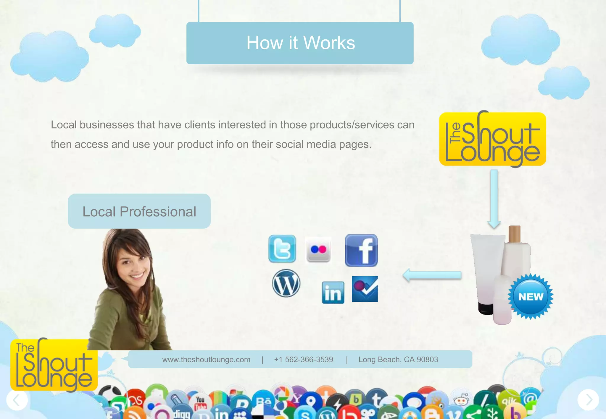 How it Works



Local businesses that have clients interested in those products/services can
then access and use your product info on their social media pages.




      Local Professional




                       www.theshoutlounge.com   |   +1 562-366-3539   |   Long Beach, CA 90803
 