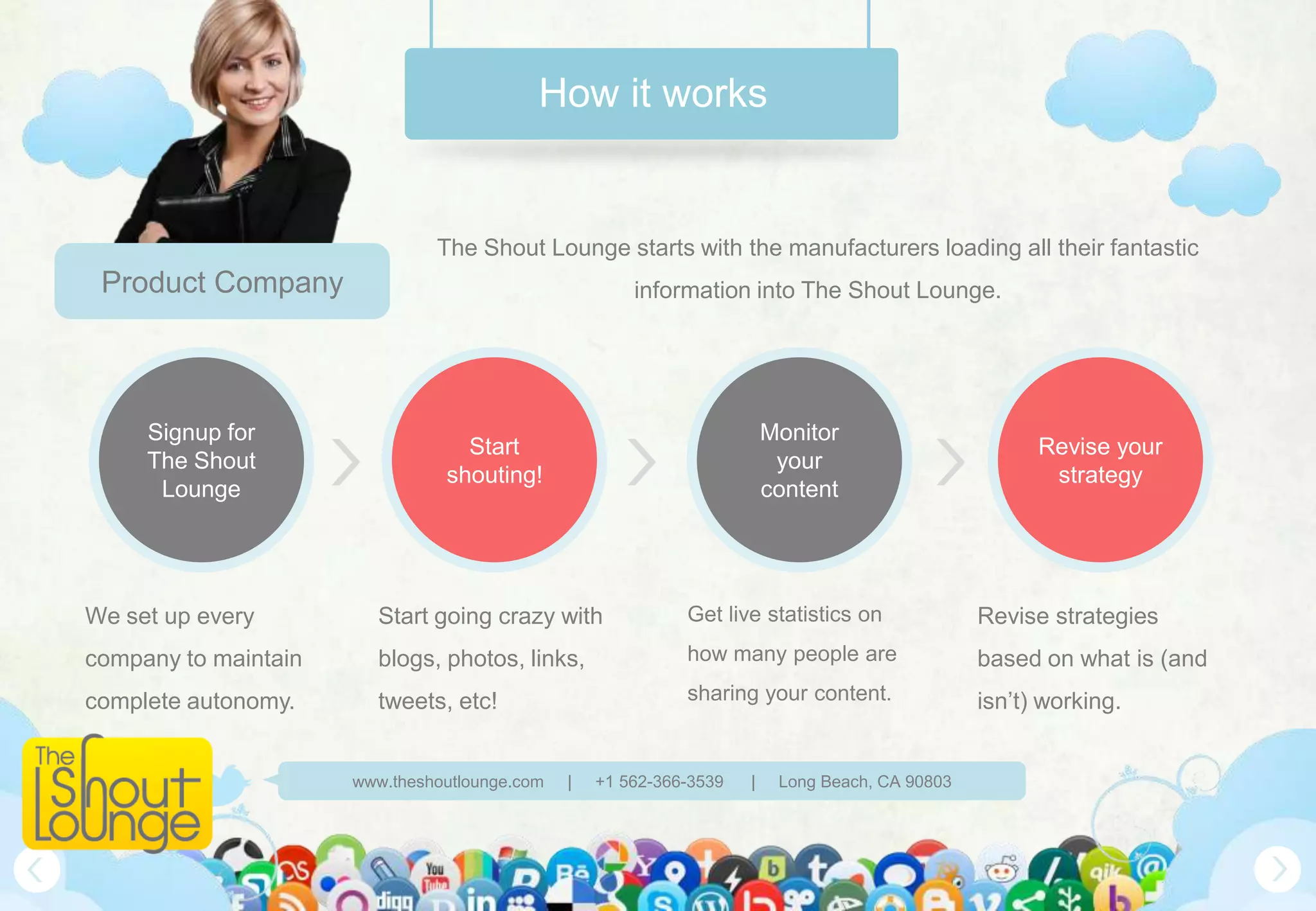 How it works


                               The Shout Lounge starts with the manufacturers loading all their fantastic
 Product Company                                       information into The Shout Lounge.




     Signup for                                                          Monitor
                                  Start                                                                Revise your
     The Shout                                                            your
                                shouting!                                                               strategy
      Lounge                                                             content




We set up every         Start going crazy with               Get live statistics on              Revise strategies
company to maintain     blogs, photos, links,                how many people are                 based on what is (and
complete autonomy.      tweets, etc!                         sharing your content.               isn’t) working.


                      www.theshoutlounge.com   |   +1 562-366-3539   |    Long Beach, CA 90803
 