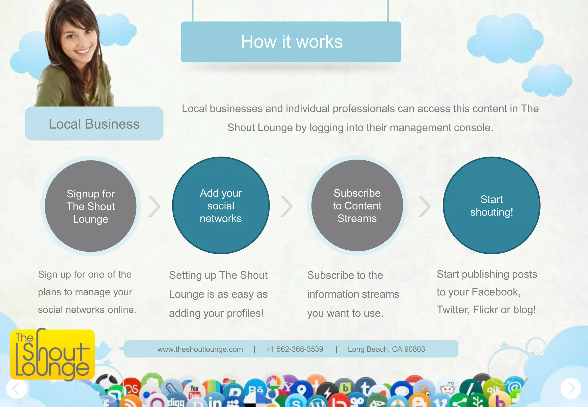 How it works


                                Local businesses and individual professionals can access this content in The
  Local Business                           Shout Lounge by logging into their management console.




      Signup for                    Add your                             Subscribe
                                                                                                              Start
      The Shout                      social                              to Content
                                                                                                            shouting!
       Lounge                       networks                              Streams




Sign up for one of the      Setting up The Shout                 Subscribe to the                   Start publishing posts
plans to manage your        Lounge is as easy as                 information streams                to your Facebook,
social networks online.     adding your profiles!                you want to use.                   Twitter, Flickr or blog!


                          www.theshoutlounge.com   |   +1 562-366-3539   |   Long Beach, CA 90803
 